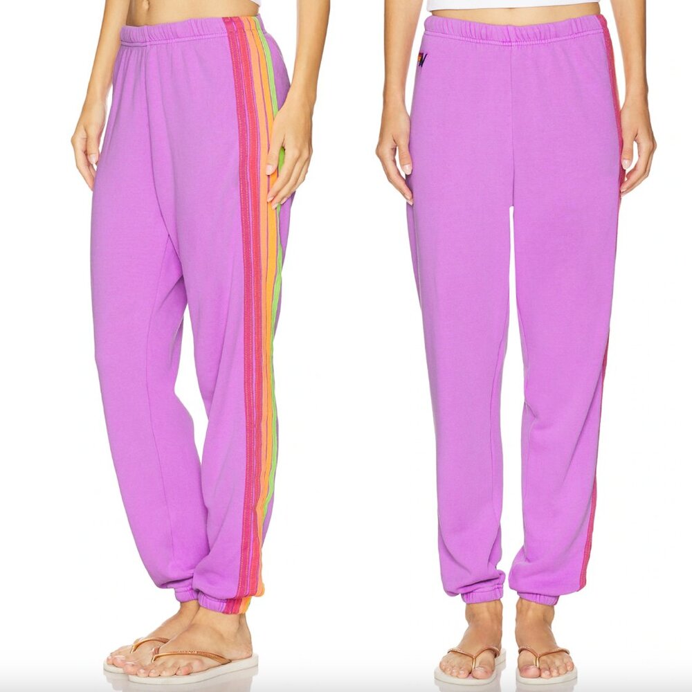 NEW Aviator Nation 5 Stripe Sweatpant Neon Purple Sweat Pants Track Joggers